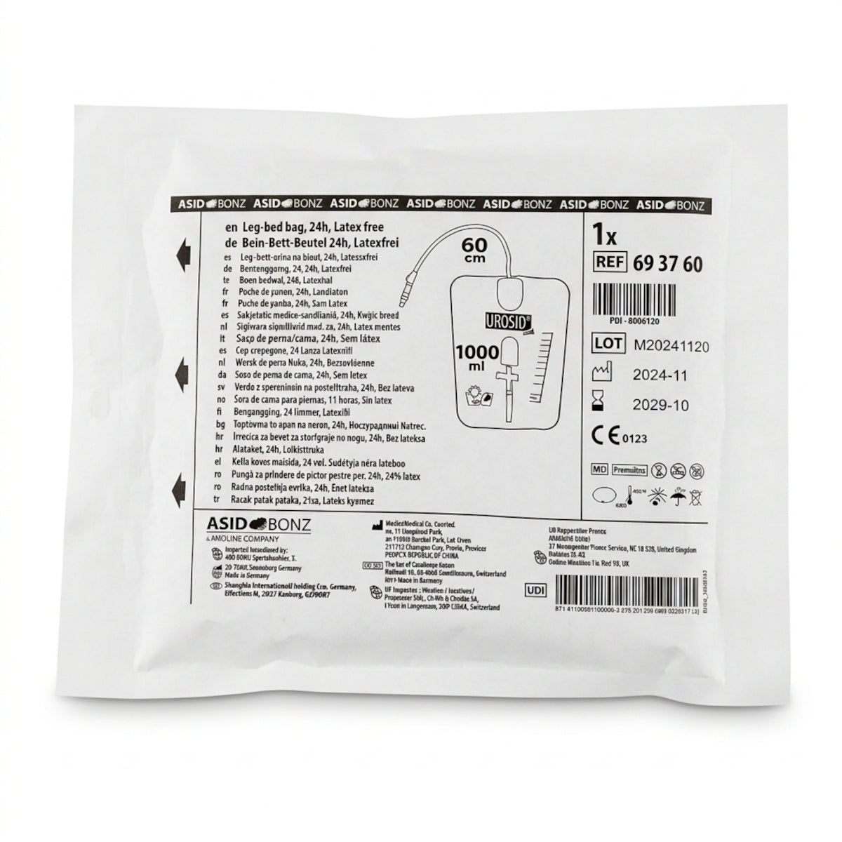 20x ASID BONZ UROSID Bei-Bett-Beutel 24h 1000 ml S-Länge 60 cm Urinbeutel 693760
