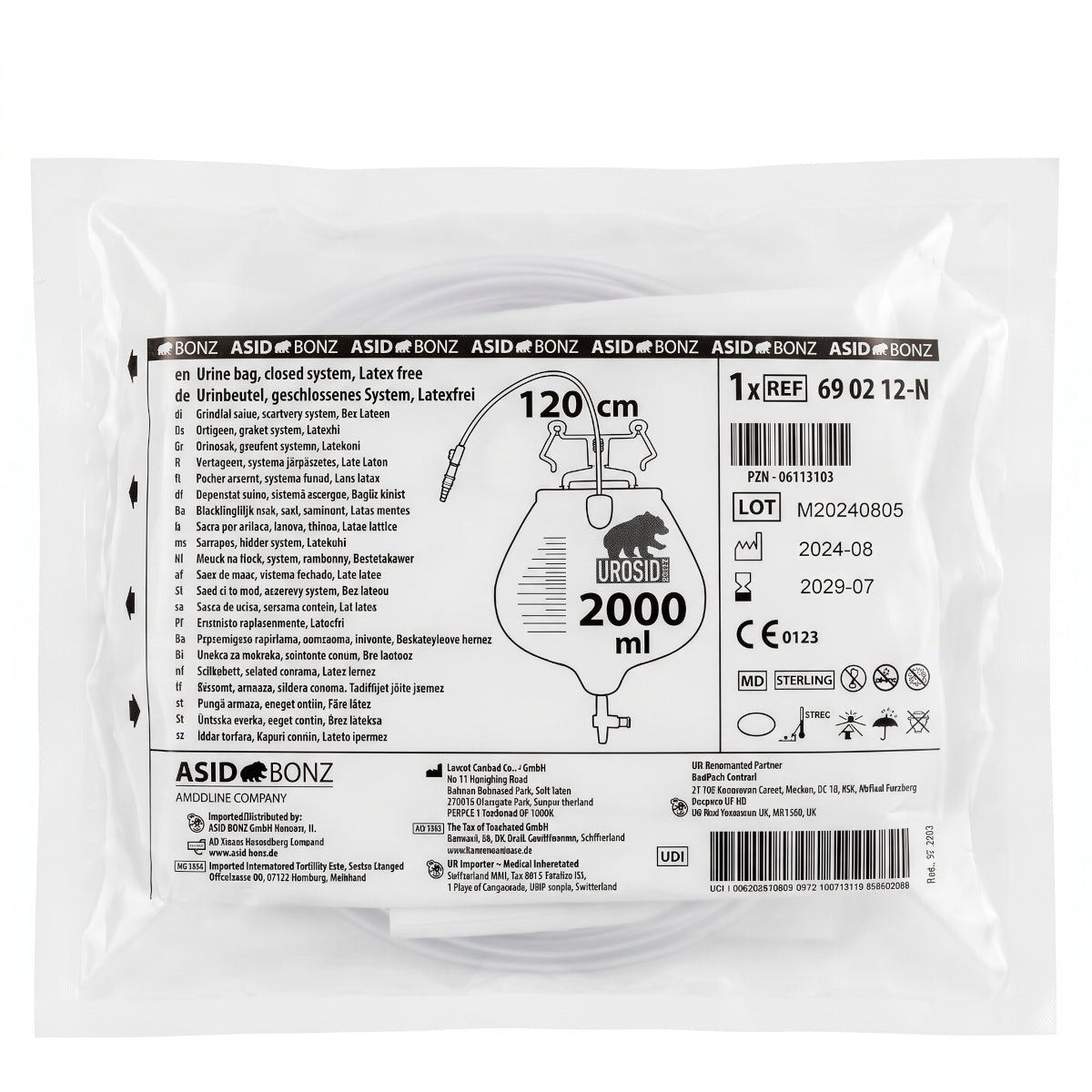 25x ASID BONZ UROSID 2000 S Urinbeutel 2.000 ml Schlauchlänge 120 cm 690212-N