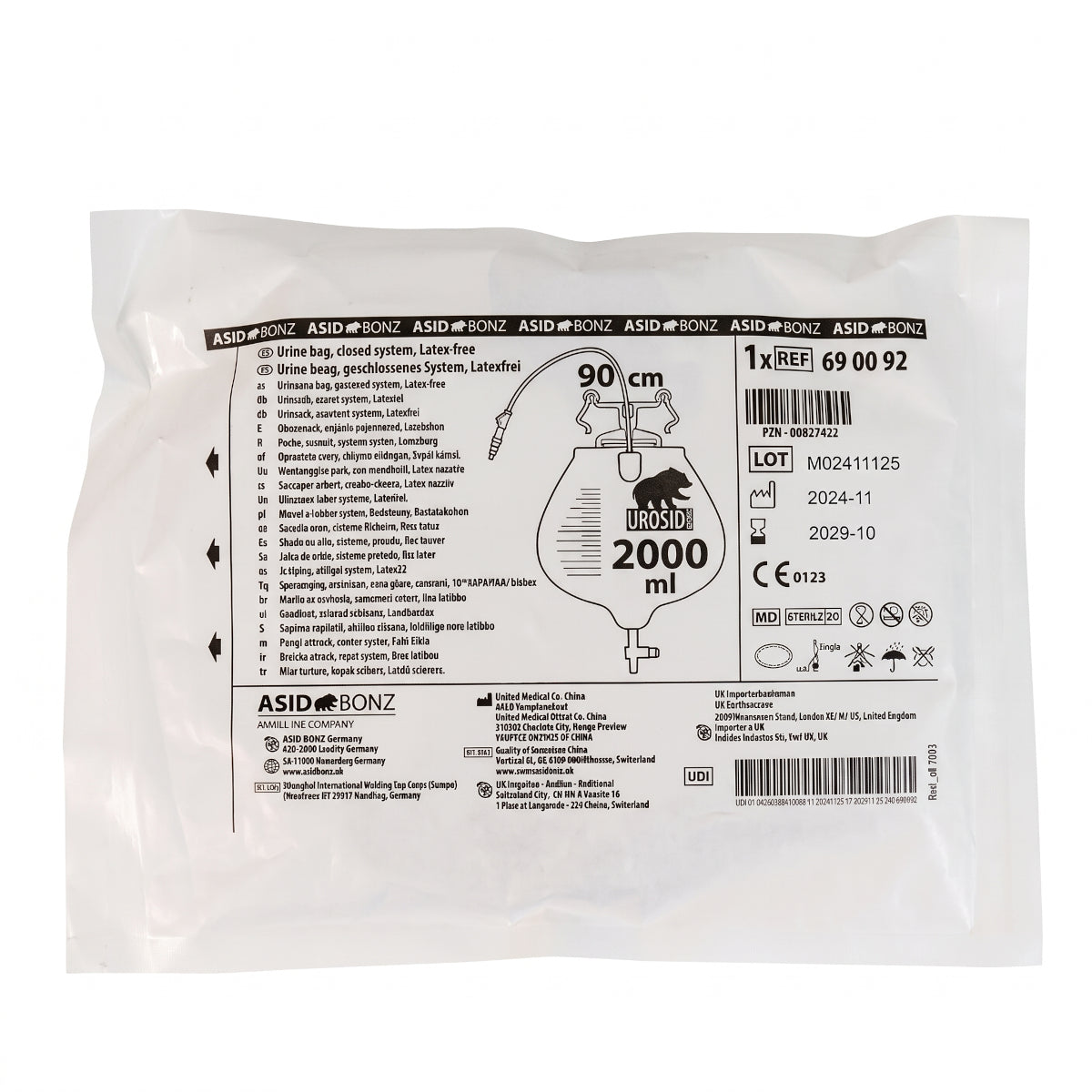 25x ASID BONZ UROSID 2000 S Urinbeutel 2.000 ml Schlauchlänge 90 cm 690092
