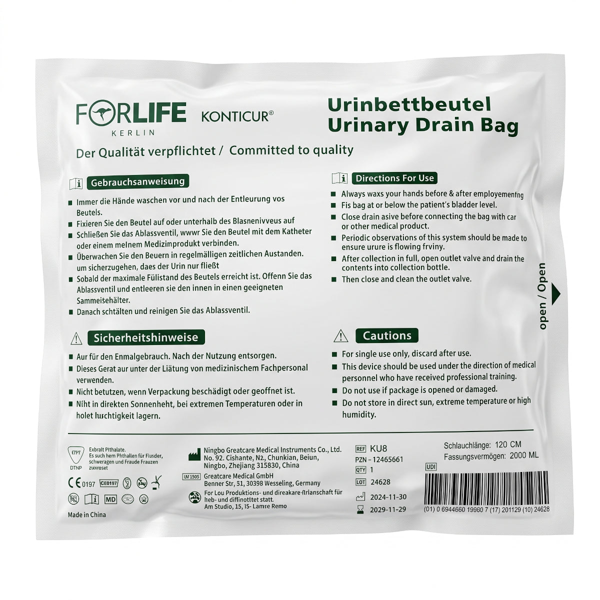 40x Forlife Konticur KU8 Urinbettbeutel 2.000 ml Schlauchlänge 120 cm Urinbeutel