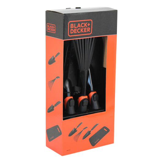 Black + Decker 4-teiliges Gartenwerkzeug Set Schaufel Handrechen Knieunterlage