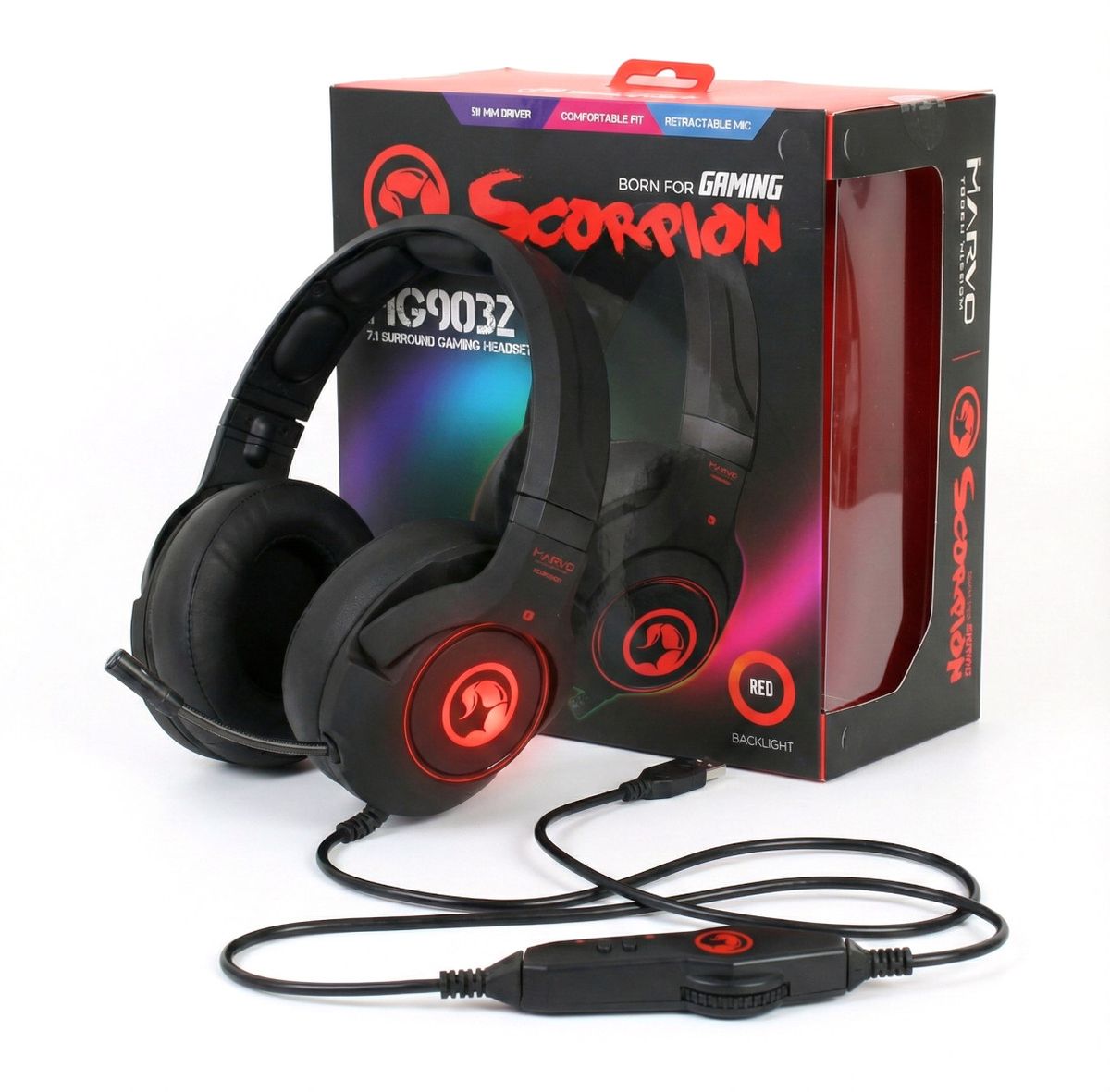 Marvo HG9032 Scorpion 7.1 USB Wired Gaming Headset Over-Ear Kopfhörer Schwarz Rot LED
