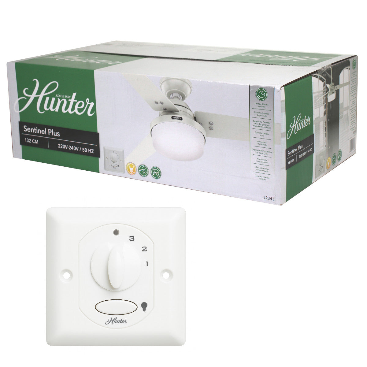 Hunter 52343 Sentinel Plus Deckenventilator 132 cm Weiss mit Beleuchtung