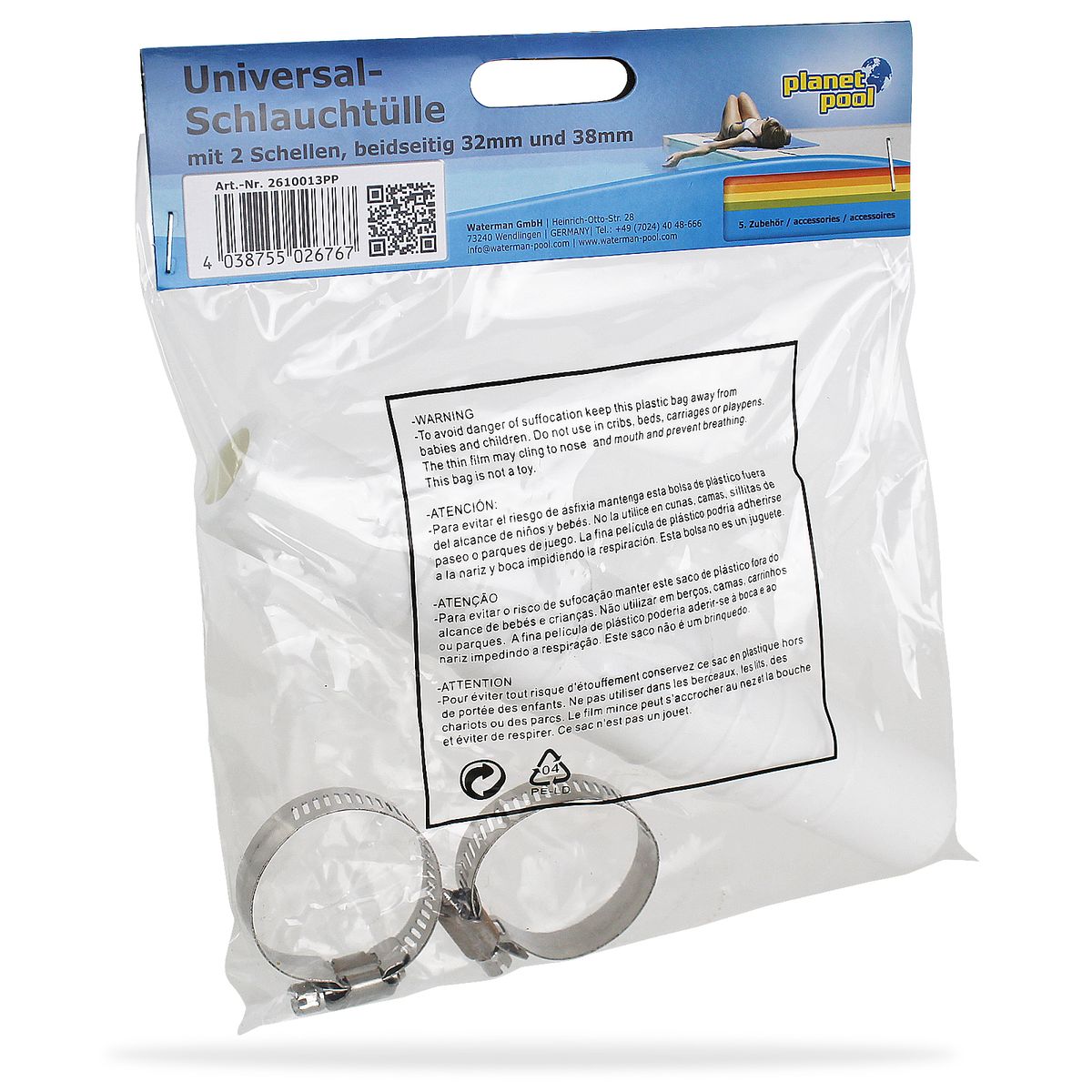 2x Planet Pool Universal Schlauchtülle Schlauchverbinder 32mm 38mm + 2 Schellen