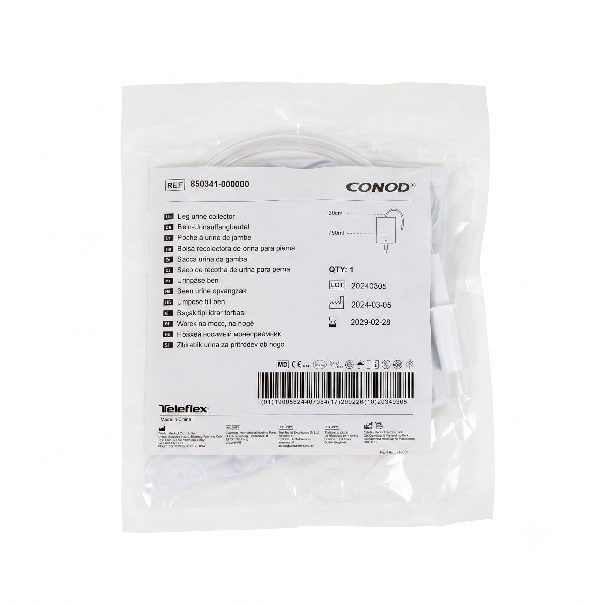 10x Teleflex Bein-Urinauffangbeutel 750 ml mit Flip Flow Ablassventil steril