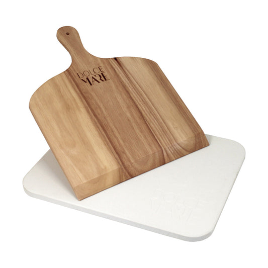 Pizzastein Set weiss Backofen Grill Holz Pizzaschieber Edelstahl Pizzaschneider