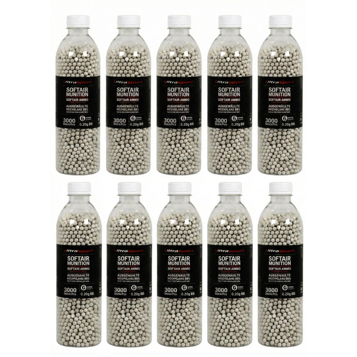 10 x 3000 Stück Ultrasport Softair Airsoft Kugeln 0,20 g BBs 6 mm Weiß Hochglanz