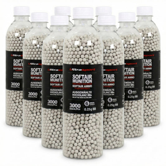 10 x 3000 Stück Ultrasport Softair Airsoft Kugeln 0,25 g BBs 6 mm Weiß Hochglanz