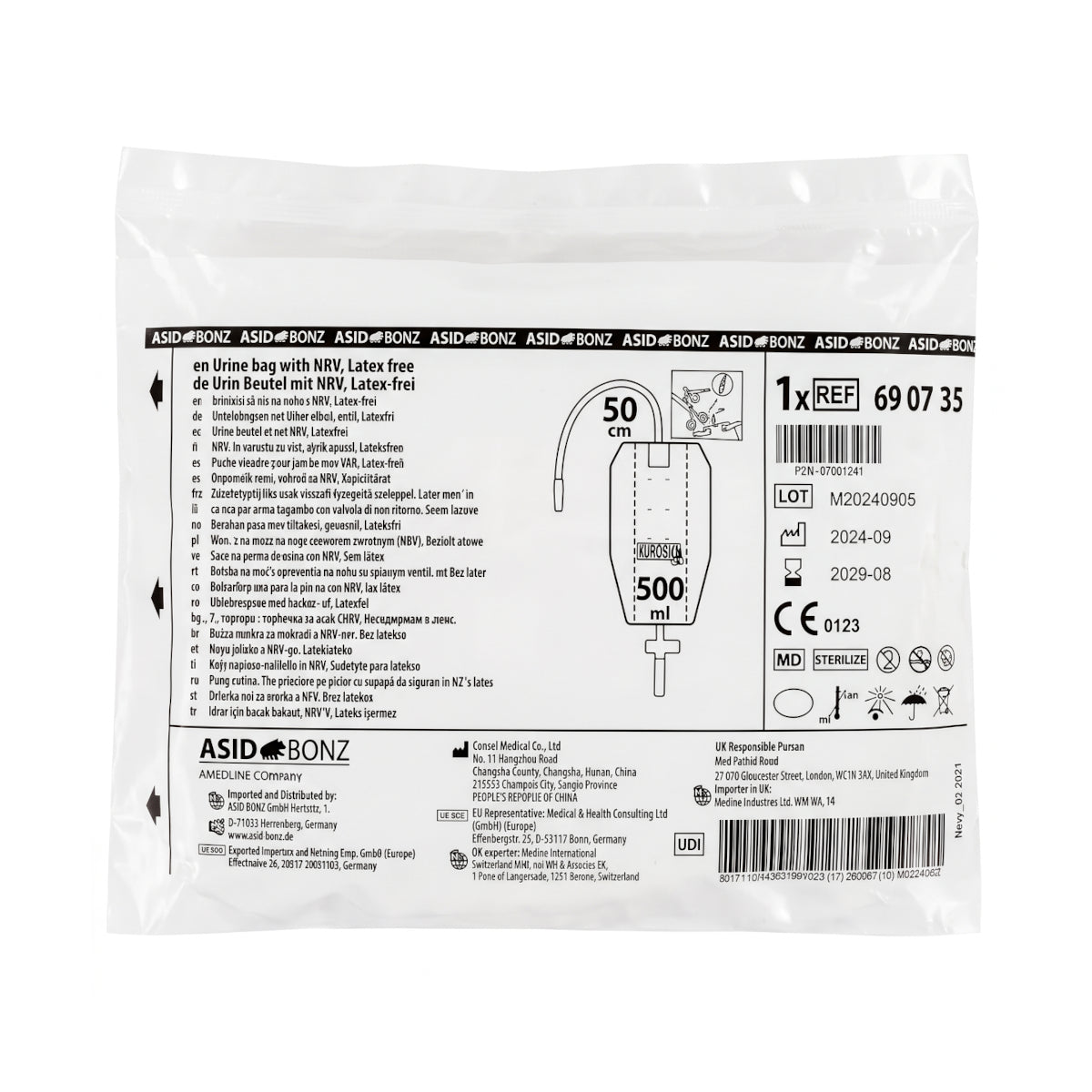 10x ASID BONZ UROSID Beinbeutel mit NRV 500 ml S-Länge 50 cm Urinbeutel 690735