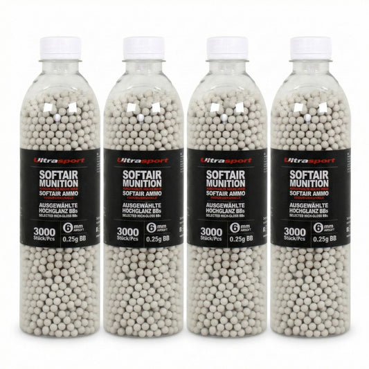 4 x 3000 Stk Ultrasport Softair Airsoft Kugeln 0,25 g BB 6 mm Weiß Hochglanz BBs