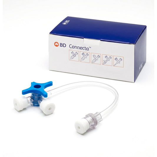 50 Stück BD 394997 Connecta Dreiwegehahn mit 10 cm Verlängerungsschlauch blau