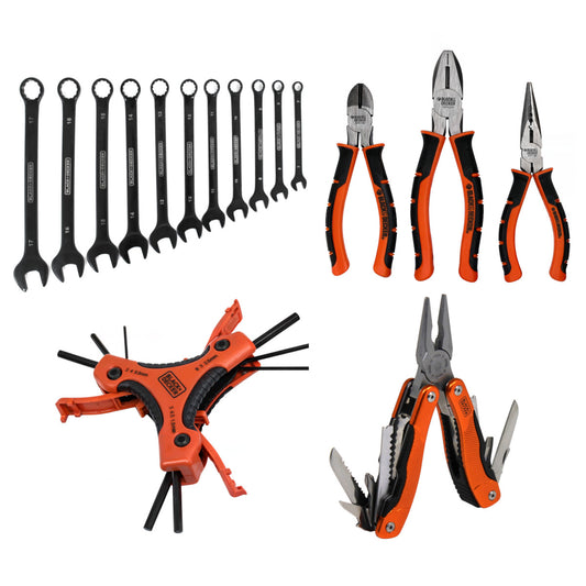 Black + Decker 16-tlg Werkzeug Set Zange Ringmaulschlüssel Multitool Sechskant