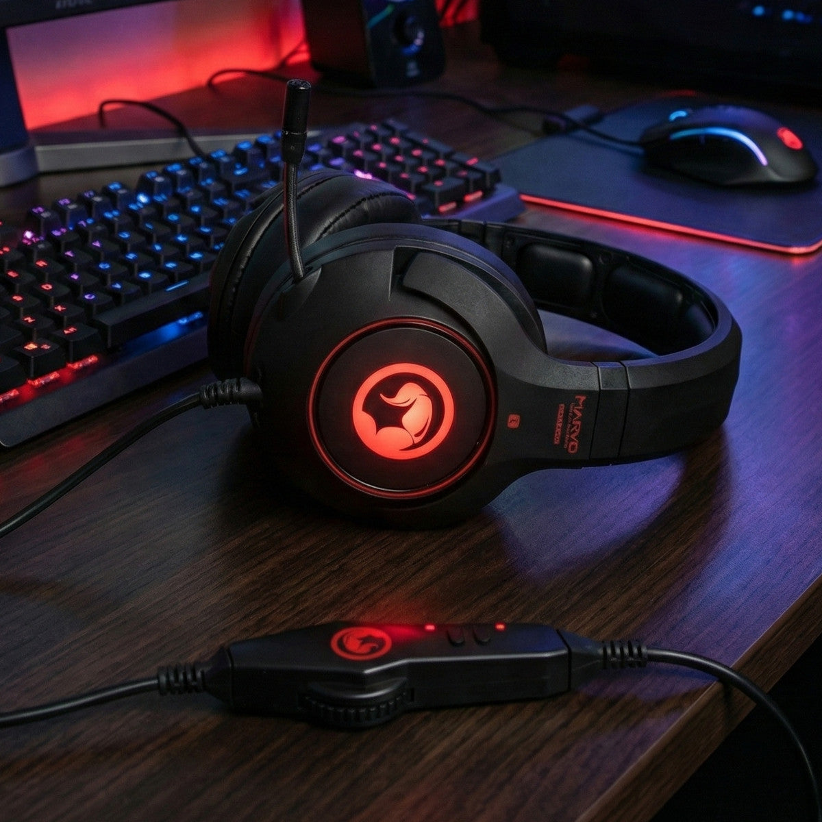 Marvo HG9032 Scorpion 7.1 USB Wired Gaming Headset Over-Ear Kopfhörer Schwarz Rot LED