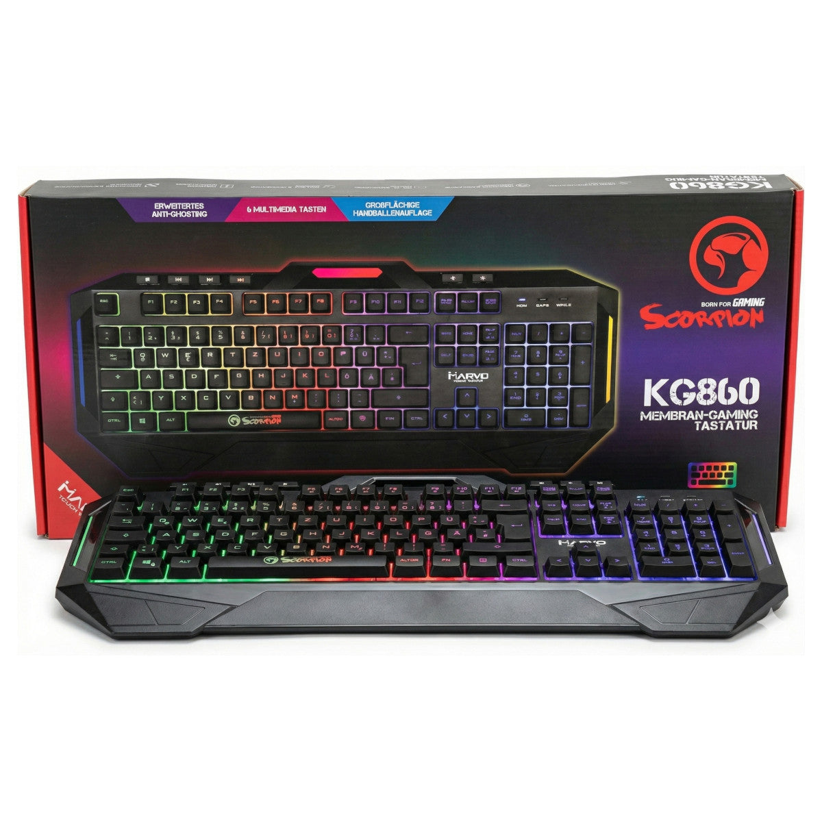 Marvo KG860 Membran Multimedia Gaming-Tastatur QWERTZ 110 Tasten RGB USB