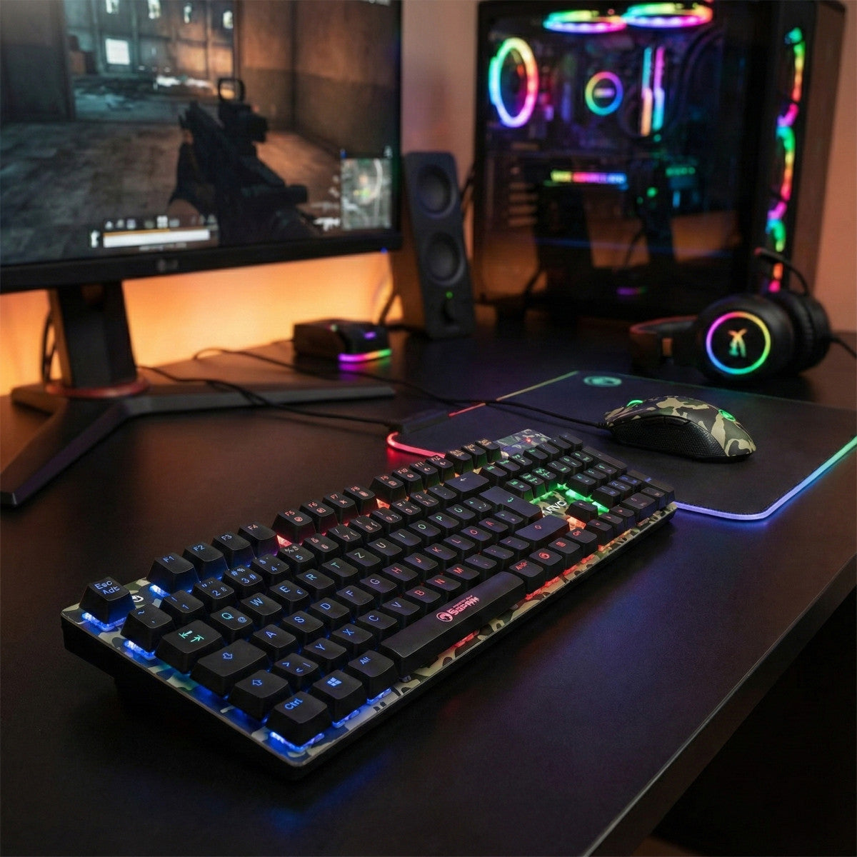 Marvo Scorpion KM435DE Camouflage mechanische Tastatur Kailh Red + Maus RGB USB