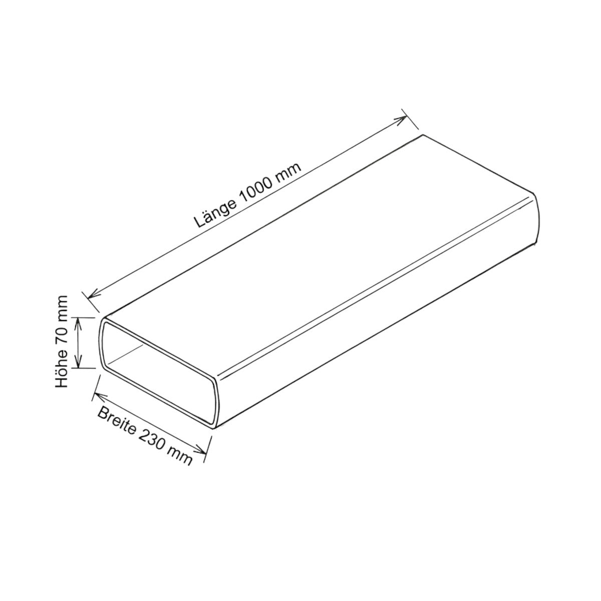 1m Vierkantrohr Flachkanal 230 x 70 mm Kunststoffrohr Abluft Küche PVC opal Weiß