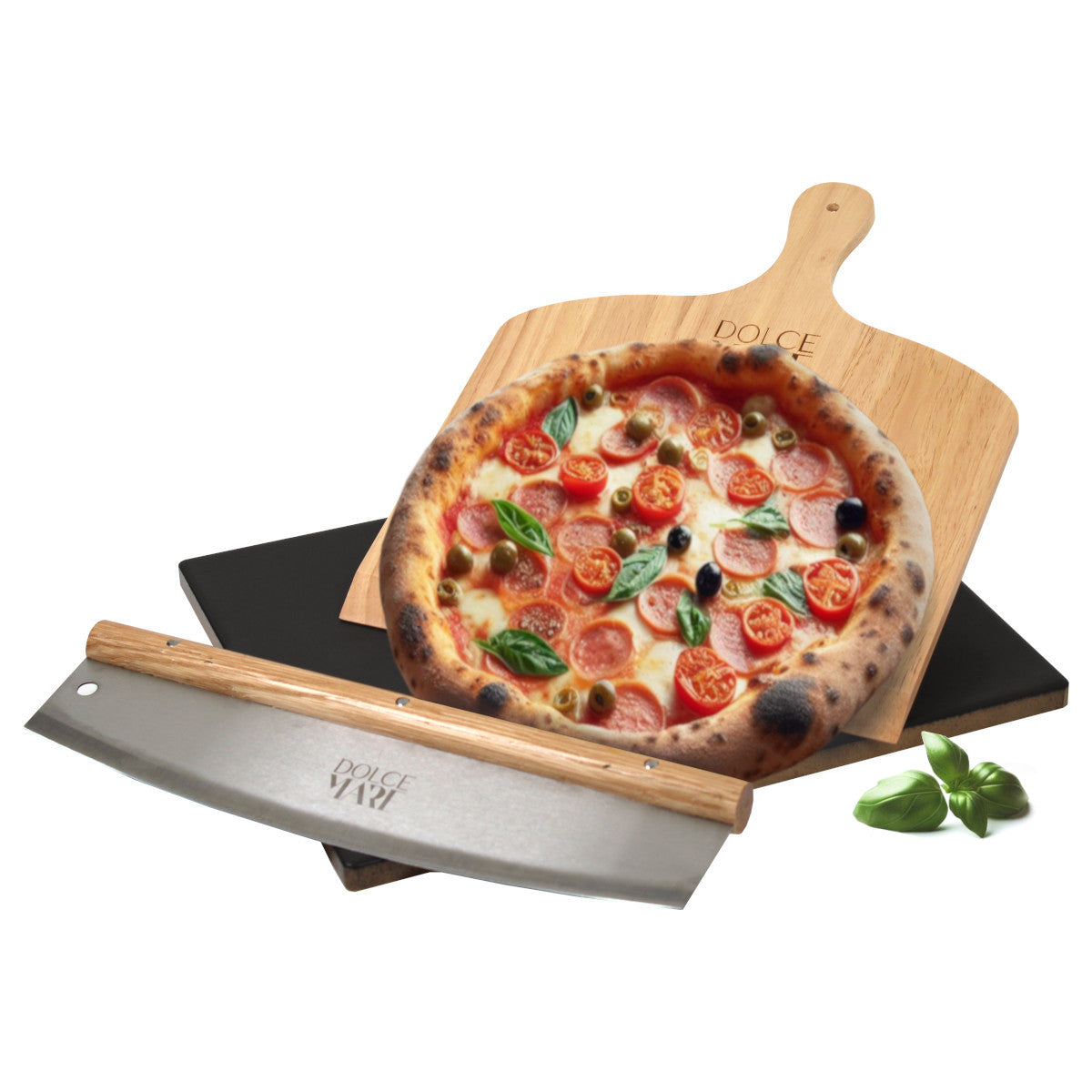 Pizzastein Set premium Bambus Pizzaschieber Edelstahl Pizzaschneider 38 x 30 x 1,5